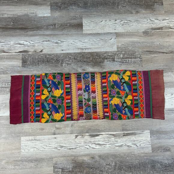 Vintage Guatemalan Table Runner Parrot Embroidery Mayan Handwoven Boho Decor - Picture 1 of 7